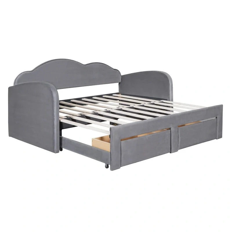Gepolstertes Tagesbett in Twin-Größe mit wolkenförmiger Rückenlehne, Ausziehbett, 2 Schubladen und USB-Anschlüssen, Beige