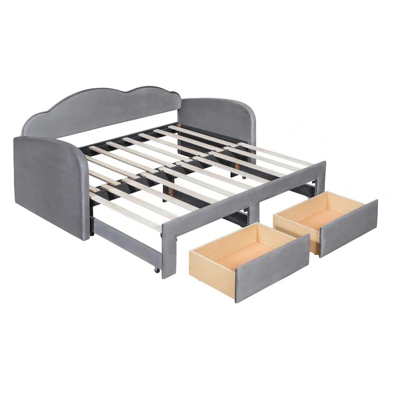 Gepolstertes Tagesbett in Twin-Größe mit wolkenförmiger Rückenlehne, Ausziehbett, 2 Schubladen und USB-Anschlüssen, Beige