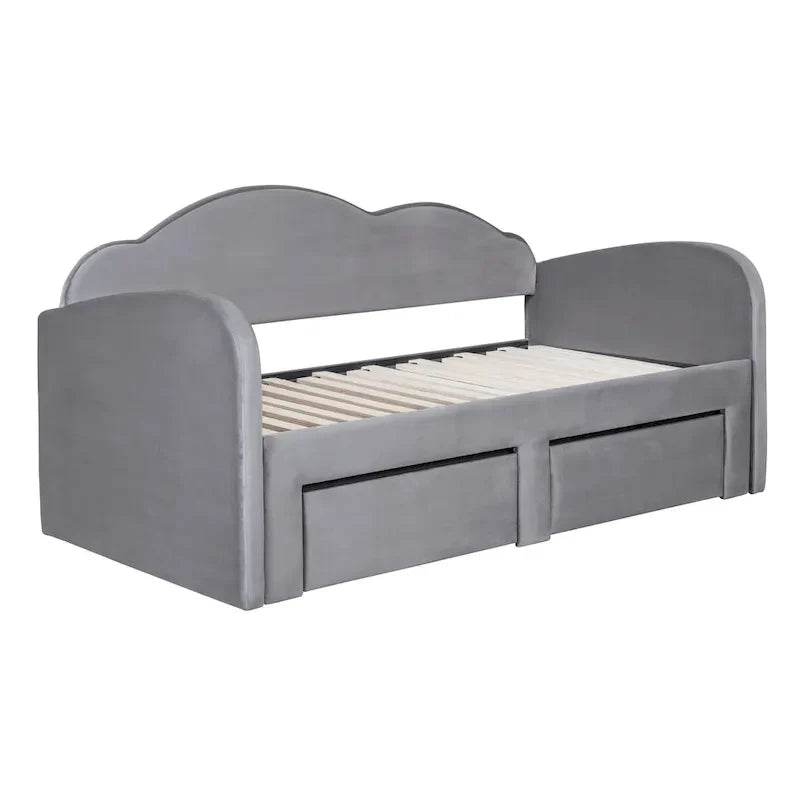 Gepolstertes Tagesbett in Twin-Größe mit wolkenförmiger Rückenlehne, Ausziehbett, 2 Schubladen und USB-Anschlüssen, Beige