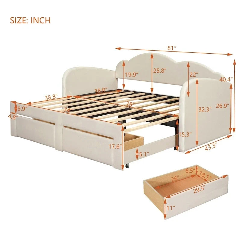 Gepolstertes Tagesbett in Twin-Größe mit wolkenförmiger Rückenlehne, Ausziehbett, 2 Schubladen und USB-Anschlüssen, Beige