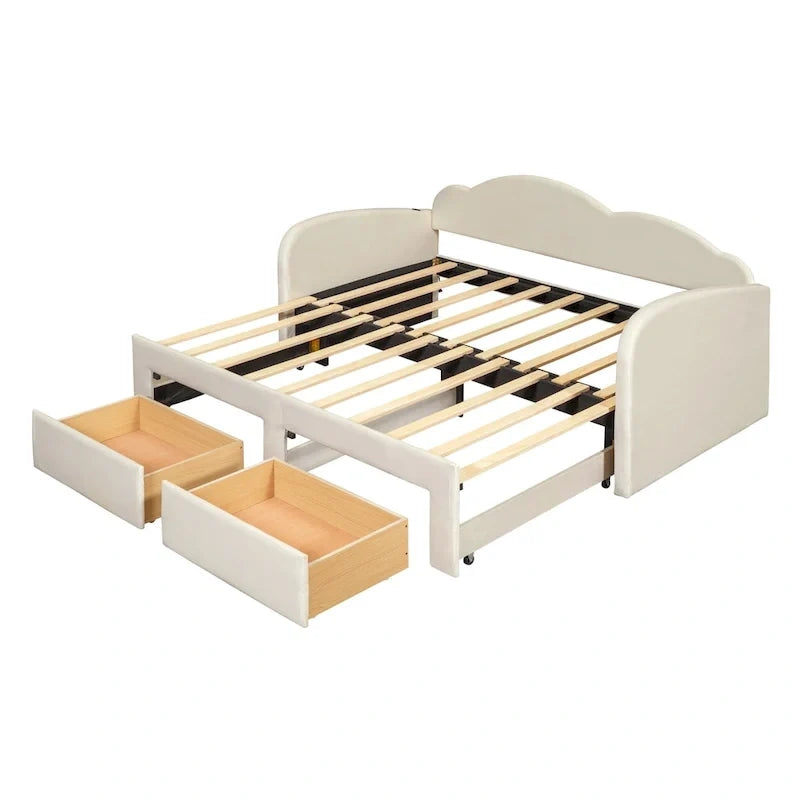 Gepolstertes Tagesbett in Twin-Größe mit wolkenförmiger Rückenlehne, Ausziehbett, 2 Schubladen und USB-Anschlüssen, Beige