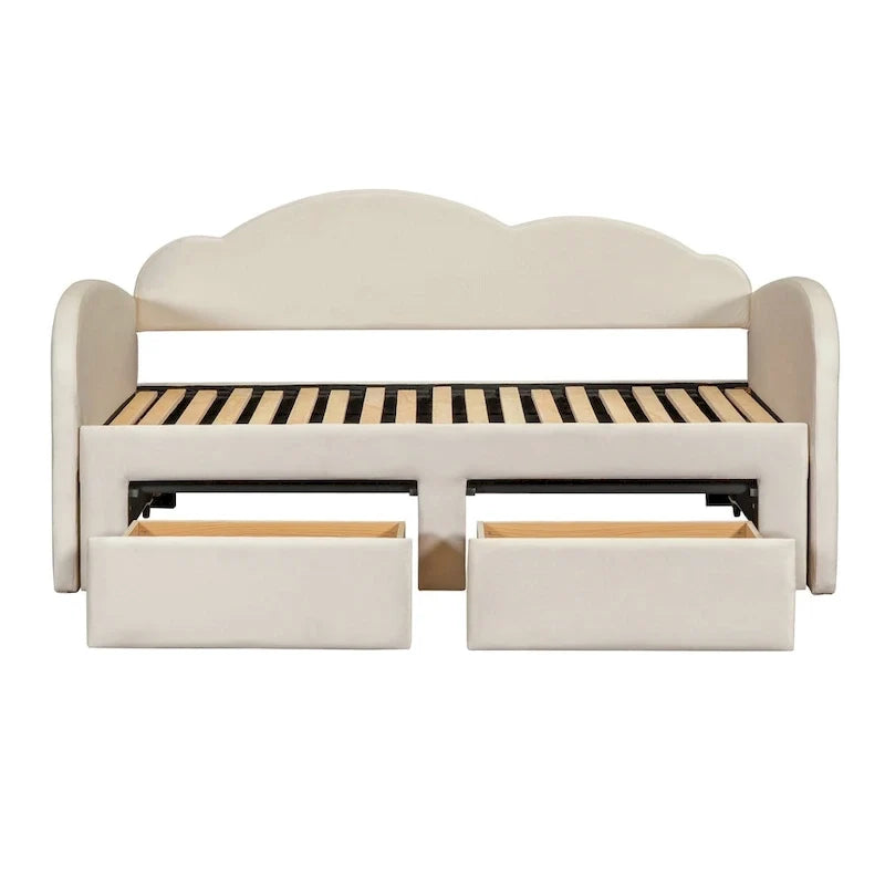Gepolstertes Tagesbett in Twin-Größe mit wolkenförmiger Rückenlehne, Ausziehbett, 2 Schubladen und USB-Anschlüssen, Beige
