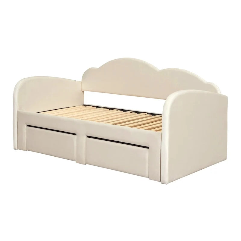 Gepolstertes Tagesbett in Twin-Größe mit wolkenförmiger Rückenlehne, Ausziehbett, 2 Schubladen und USB-Anschlüssen, Beige