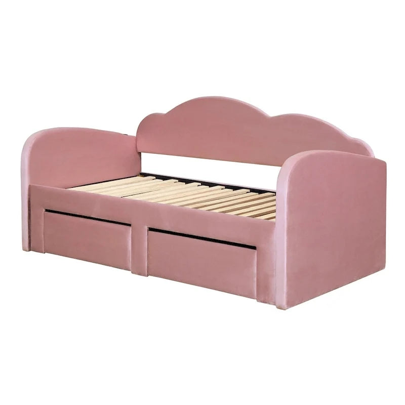 Gepolstertes Tagesbett in Twin-Größe mit wolkenförmiger Rückenlehne, Ausziehbett, 2 Schubladen und USB-Anschlüssen, Beige