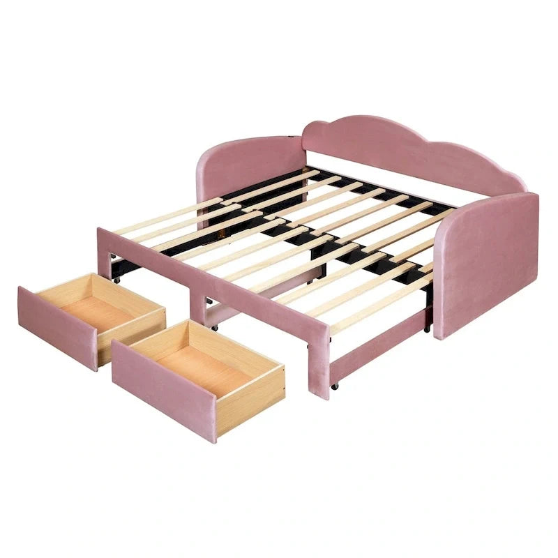 Gepolstertes Tagesbett in Twin-Größe mit wolkenförmiger Rückenlehne, Ausziehbett, 2 Schubladen und USB-Anschlüssen, Beige