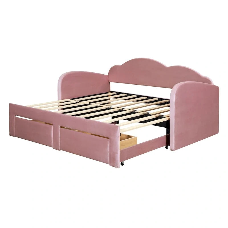 Gepolstertes Tagesbett in Twin-Größe mit wolkenförmiger Rückenlehne, Ausziehbett, 2 Schubladen und USB-Anschlüssen, Beige