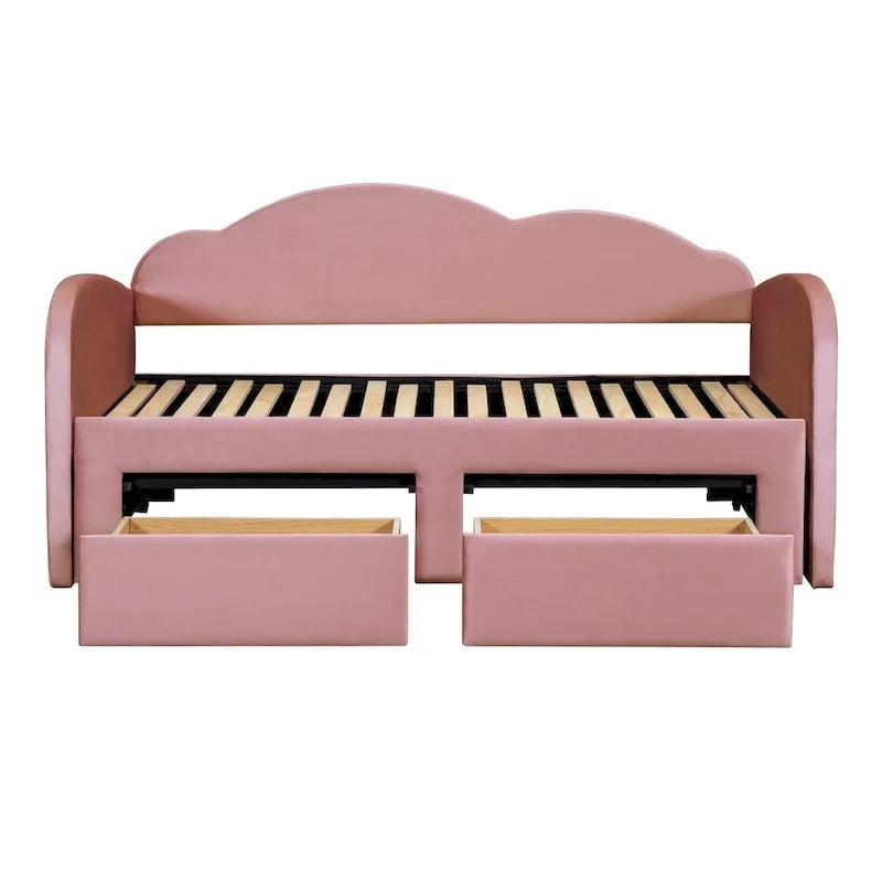 Gepolstertes Tagesbett in Twin-Größe mit wolkenförmiger Rückenlehne, Ausziehbett, 2 Schubladen und USB-Anschlüssen, Beige