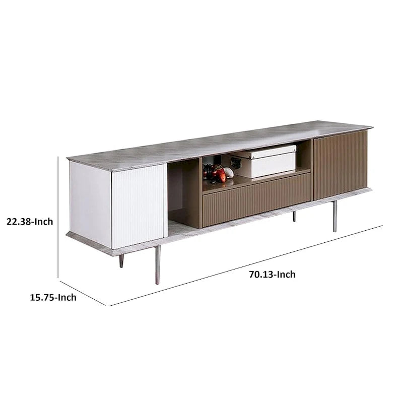 Meuble télé de 70 pouces, avec 1 tiroir et des étagères, blanc, brun, gris