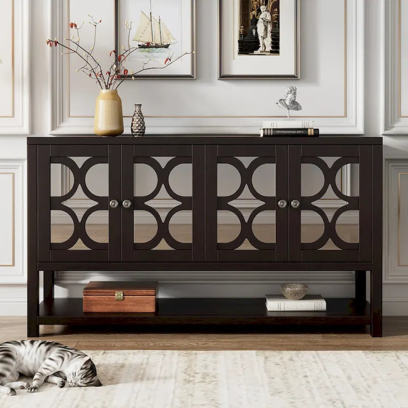 Console élégante rétro / meuble de rangement / buffet avec portes miroir, étagères spacieuses et pieds solides en bois d'acacia