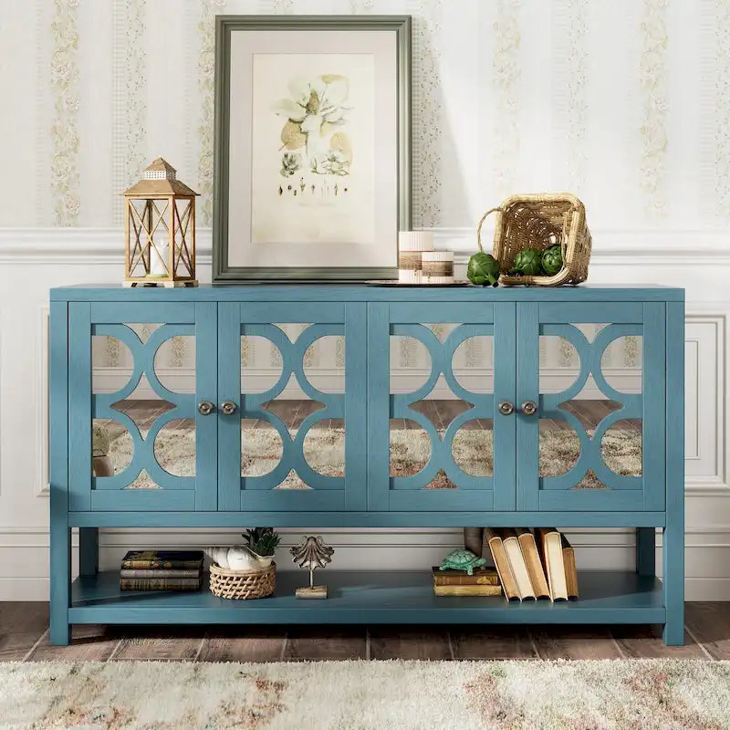 Console élégante rétro / meuble de rangement / buffet avec portes miroir, étagères spacieuses et pieds solides en bois d'acacia