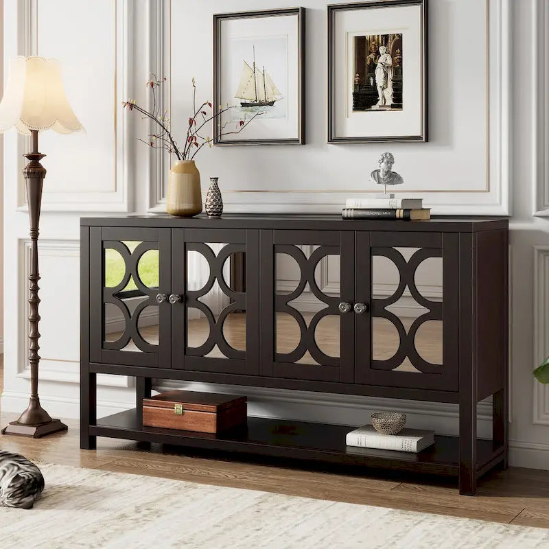 Console élégante rétro / meuble de rangement / buffet avec portes miroir, étagères spacieuses et pieds solides en bois d'acacia