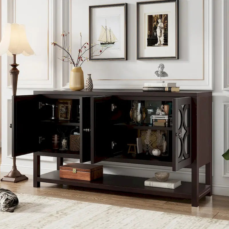 Console élégante rétro / meuble de rangement / buffet avec portes miroir, étagères spacieuses et pieds solides en bois d'acacia