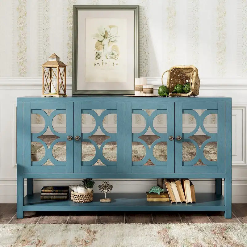 Elegant Retro Console Table/Storage Cabinet/Sideboard with Mirrored Doors, Spacious Shelves, and Durable Acacia Wood Legs